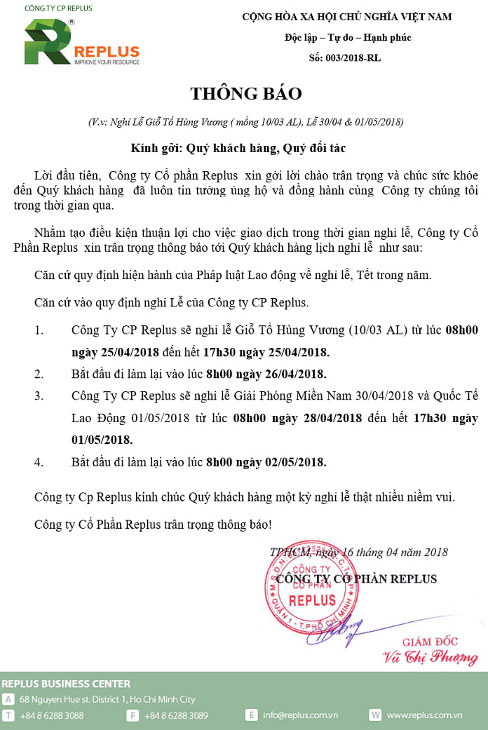 Replus thông báo nghỉ lễ 30/4 1/5