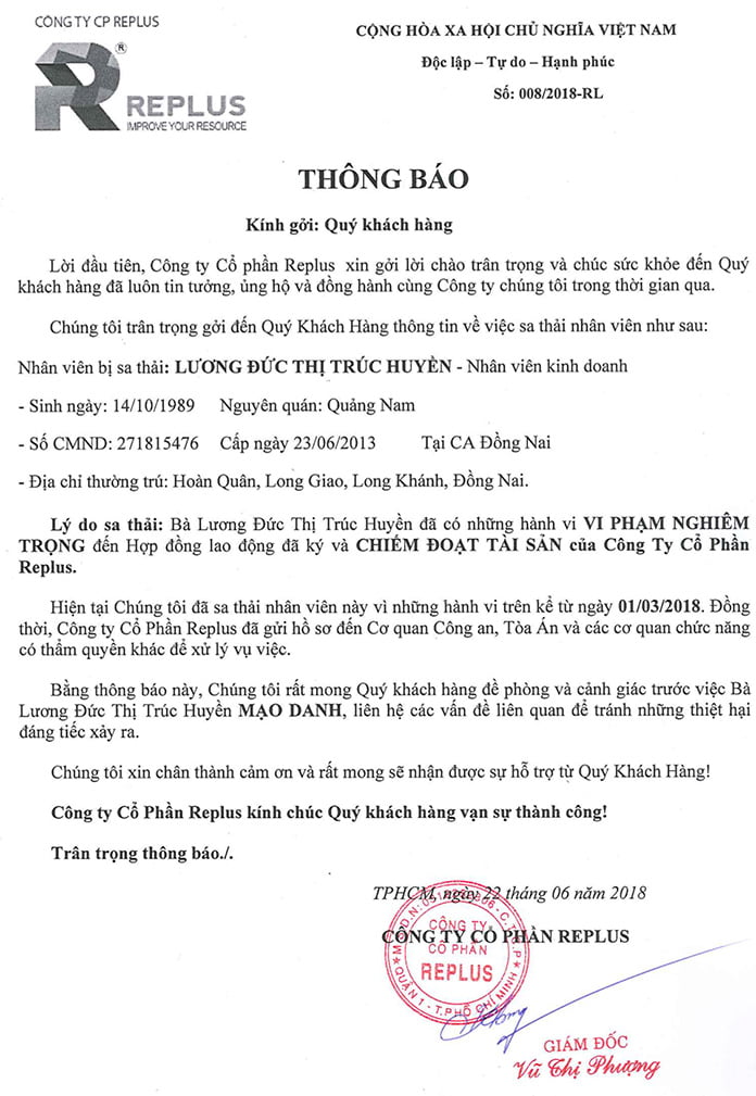 Thông báo: Sa thải bà Lương Đức Thị Trúc Huyền 1