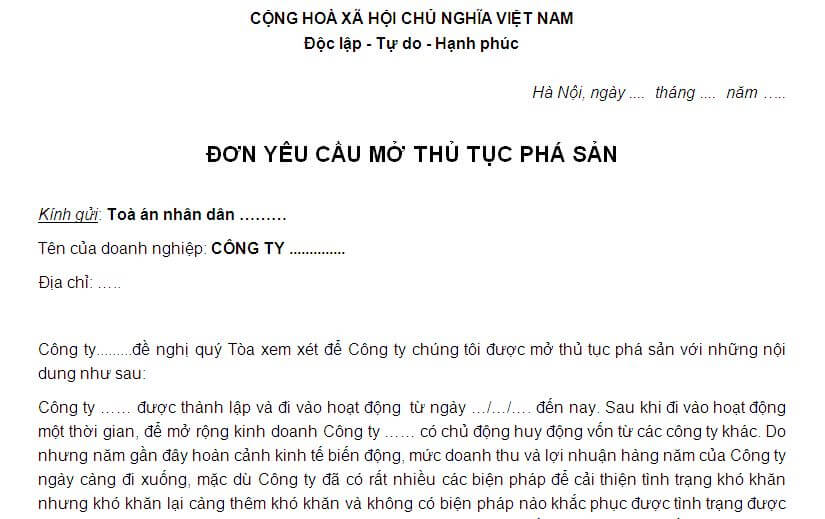 Đơn yêu cầu mở thủ tục phá sản